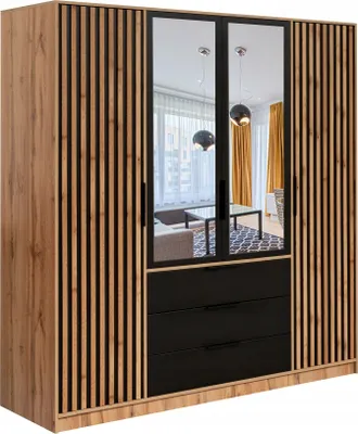 Produktbild von Furniture24 Kleiderschrank Bali D4 Lux Schlafzimmer 4 Türiger Drehtürenschrank 3 Schubkästen Schrank 1 Kleiderstange 5 Einlegeboden Spiegel Wotan Eiche Schwarz Lammelenschrank