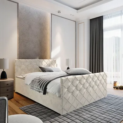 A bedroom scene with a bed as the main focus.