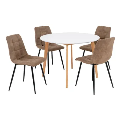 Image de Vojens ensemble pour salle à manger table de salle à manger Ø105cm Blanc et 4 Middelfart chaise marron.