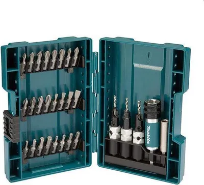 A teal-colored plastic case containing a set of drill bits and screwdriver bits.
