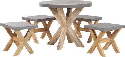 Produktbild von BELIANI Gartenset Tisch rund 90 cm und 4 Hocker Faserzement Akazienholz-Gestell rustiklaler Look Gartenausstattung Gartenmöbel Garten und Terrasse