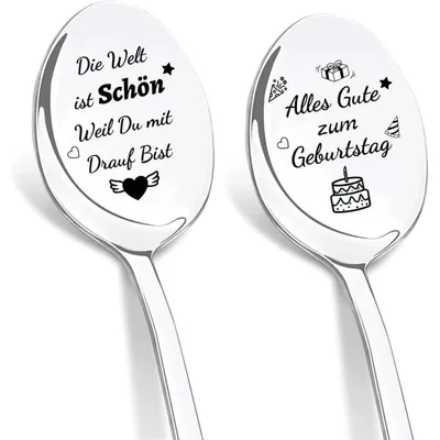 Productafbeelding van Koffielepels, set van 2, roestvrij staal, met gravure "Fijne verjaardag" (19 cm)