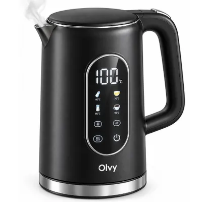 Imagen del producto de Hervidor eléctrico Olvy con control de temperatura, 1,7L – Pantalla LCD, 2200W, libre de BPA, función de mantenimiento del calor, filtro antical, selección de temperatura de 40 a 100°, acero inoxidable