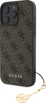 A close-up shot of a phone case with a repeating logo pattern and a charm attached.