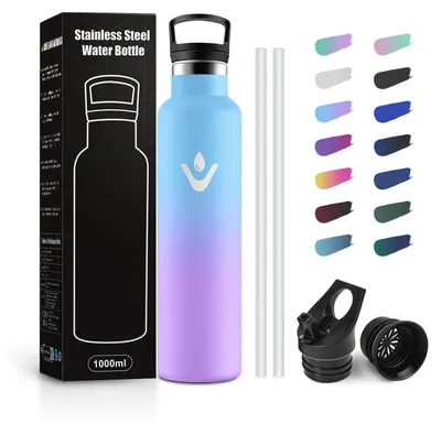 Produktbild von Thermosflasche 1L, Trinkflasche Edelstahl mit Strohhalm, Isolierflasche BPA-frei