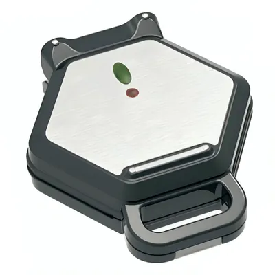 A closed waffle maker is shown from a slightly elevated diagonal angle.