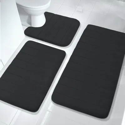 Productafbeelding van Badmatset 3-delig, traagschuim, antislip, zwart, voor badkamer