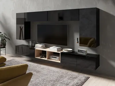 Produktbild von Wohnwand CALABRINI-23 Wohnzimmer-Set Hängewohnwand Schrankwand Schrank TV-Schrank Moderne Anbauwand Hochglanz (Schwarz / Artisan Eiche)