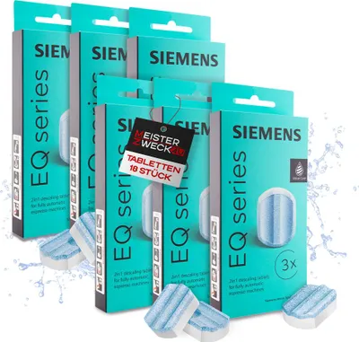 Produktbild von MEISTERZWECK4U - Siemens TZ80002 Entkalkungstabletten 18 Stück - für alle EQ & supresso Kaffeevollautomaten - Reinigung, Entkalkung von Kaffeemaschinen - entfernt Kalkablagerungen, Korrosionsschutz