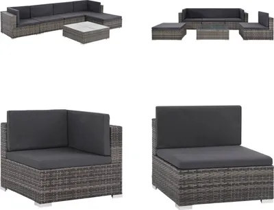 Produktbild von vidaXL 6 tlg. Garten Lounge Set mit Auflagen Poly Rattan Grau - Garten-Sofagarnitur - Garten-Sofagarnituren - Gartensofa-Set - Gartensofa-Sets