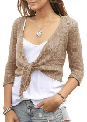 Produktbild von Imily Bela Damen-Shrug zum Binden – Transparenter Bolero mit 3/4-Ärmeln, leichter Strick-Cardigan zum Knoten, kurzes Schultertuch-Top