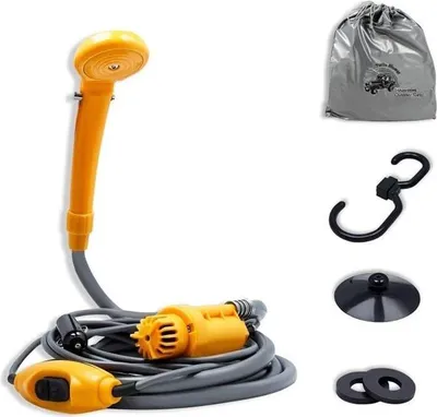 Produktbild von Campingdusche – Tragbar, 12 V – 2 m Schlauch – 5 m Kabel – Zubehör inklusive