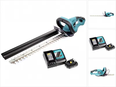 A cordless hedge trimmer with its battery and charger, displayed on a white background.