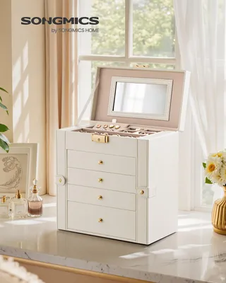 Produktbild von SONGMICS Schmuckbox mit 5 Ebenen, Schmuckkasten, mit Innenspiegel, abschließbar, weiß