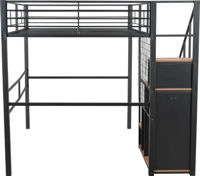 Produktbild von okwish Etagenbett Stockbett 140x200cm mit Stauraumleiter, Hochbett mit Rausfallschutz, Metallbett Kinderbett Bettgestell mit Lattenrost und Ablagefläche, Schwarz