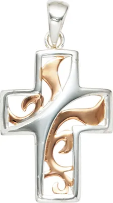 Produktbild von Anhänger Halsschmuck Kreuz 925 Silber rhodiniert teilrotvergoldet