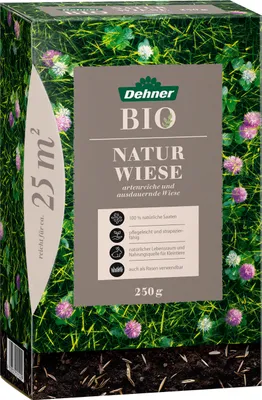 Produktbild von Dehner Bio Saatgut Naturwiese, hochwertige Saatgutmischung aus Futtergräsern / Klee für naturnahe Gärten, pflegeleicht / strapazierfähig / insektenfreundlich, für lebendige Naturflächen, 250 g für ca. 25 m²