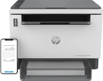 A white and gray HP LaserJet Tank MFP 1604w printer is shown from the front, with a smartphone displaying charts to its left.