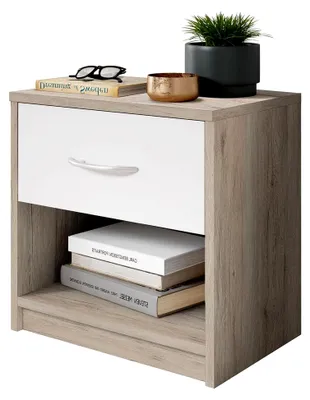 Produktbild von Nachttisch mit Schublade, moderner Nachttisch mit ausziehbarer Schublade und offenem Aufbewahrungsregal, rutschfeste Füße, kleiner Beistelltisch, 38,5 x 28 x 40,5 cm (Eiche + Weiß)