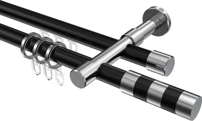 Produktbild von Interdeco Rundrohr-Innenlaufstange / Gardinenstange (Kombination) Schwarz / Chrom, Typ Prestige Mavell (Zylinder Bicolor), 20 mm Ø 2-läufig, 320 cm