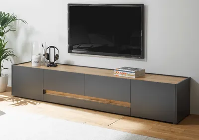 Produktbild von TV Lowboard "Center" grau matt mit Wotan Eiche XXL Flat-TV Unterschrank 220 cm