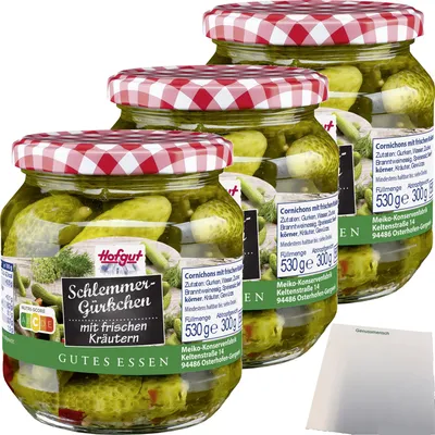 Produktbild von Hofgut Schlemmergürkchen mit Kräutern 3er Pack (3x580ml Glas) + usy Block