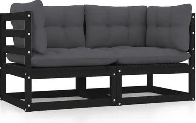 Produktbild von Gartensofa 2-Sitzer mit Kissen Schwarz Kiefer Massivholz