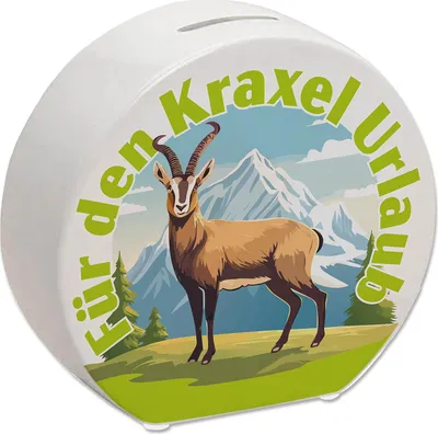 Produktbild von Steinbock Spardose mit Spruch: Für den Kraxel Urlaub