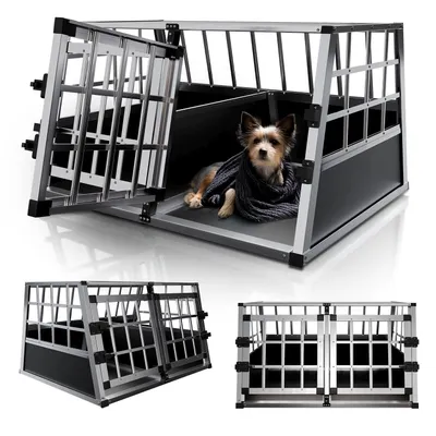 A dog is inside a metal dog crate.