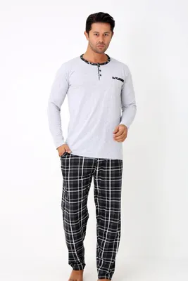 Produktbild von Herren Schlafanzug Pyjama-Set mit Brusttasche, Karierte Hose 100% Baumwolle L-3XL