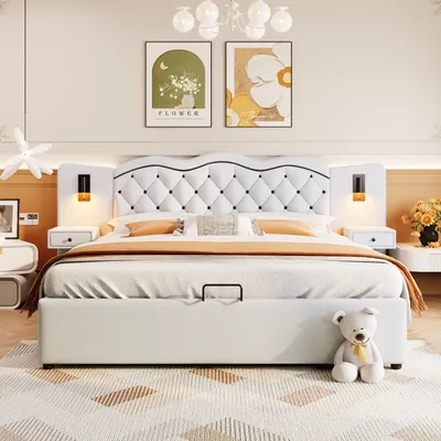 Image de OKWISH Lit double 180x200 cm – Coffre capitonné – Sans Matelas – Beige