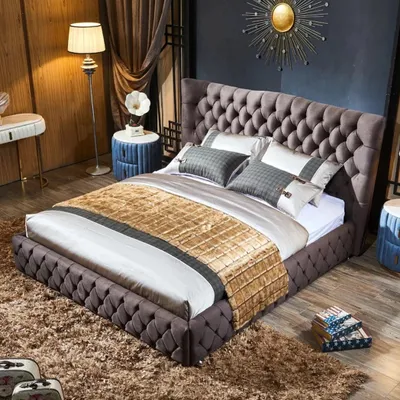 Produktbild von Chesterfield Big Bett Großer Kopfteil Ohren Betten Polster Hotel Samt Grau Stoff