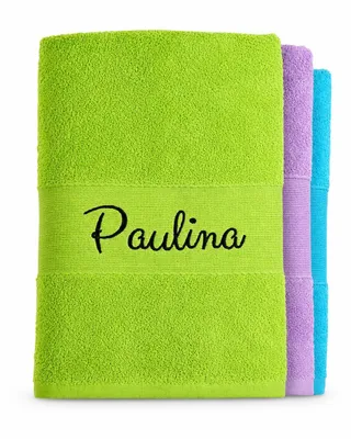Produktbild von Personalisiertes Duschtuch 70 x 140 cm mit Namen und Wunschtext – besticktes Handtuch Grün mit Bordüre, 500 g/m²