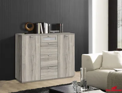 Image de Commode à deux portes avec tiroirs chêne sable / verre blanc 120 cm