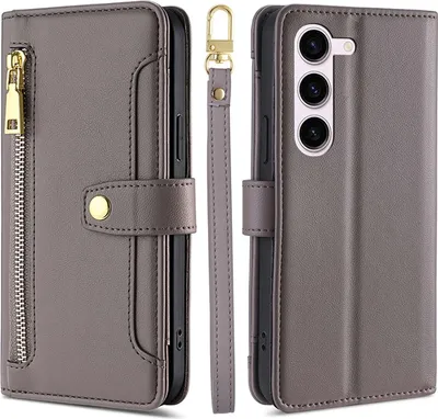 A gray leather wallet-style phone case with a zipper and card slots is shown from multiple angles.
