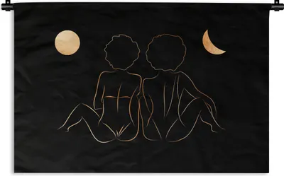 Produktbild von MuchoWow® Wandteppich Wandbehang Frauen - Mond - Gold - Strichzeichnung 90x60 cm Tapisserie Dekoration Wandtuch - Wandskulpturen - Bildteppich