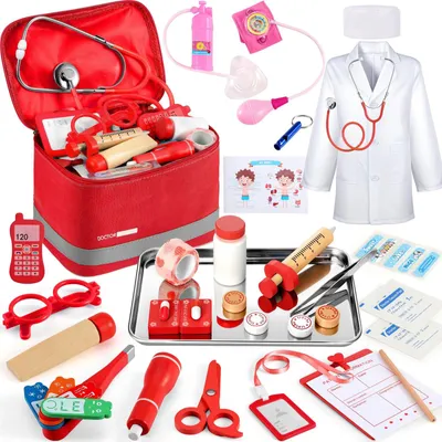 Imagen del producto de Maletín de médico para niños a partir de 3 años, 38 piezas, juguete de madera, color rojo