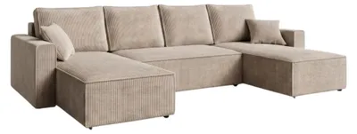 Produktbild von AMBER U Ecksofa U-Form 305x140 cm Cord Schlafsofa Bettkasten Wohnlandschaft links rechts Hellbeige-Grau PetFriendly