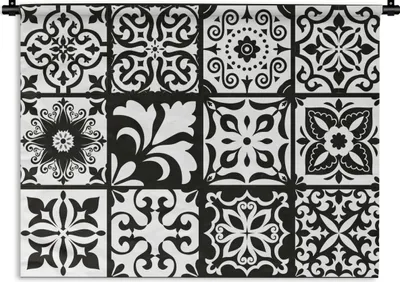 Produktbild von MuchoWow® Wandteppich Wandbehang Muster - Schwarz - Weiß - Blumen - Abstrakt 60x45 cm Tapisserie Dekoration Wandtuch - Das Schlafzimmer