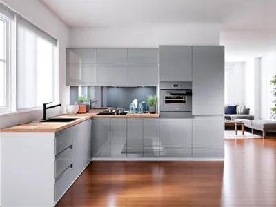 Produktbild von Winkelküche – Eckküche – Küchenzeile L-Form – Komplettküche – Küchenzeile – Velmora – K31-G300 R – 300 x 240 cm – Grau Hochglanz Ohne Arbeitsplatte