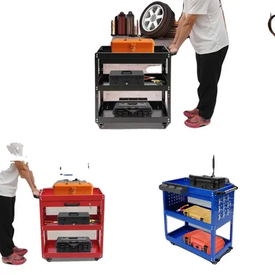 Produktbild von Werkzeugwagen, Stahl, 3 Ebenen, 250 kg Tragfähigkeit, freistehend, Rot/Blau/Schwarz