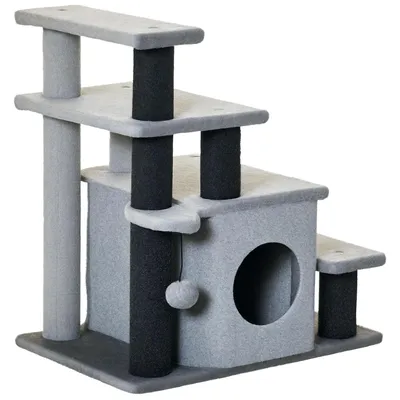 Image de Escalier pour animaux de compagnie PawHut, 3/4 marches réglables en hauteur pour chats avec couchette 2 en 1 rampe pour chiens pratique pour petits chiens et chats Aide à l'accès pour lits hauts Canapé Gris 60 x 40 x 66 cm