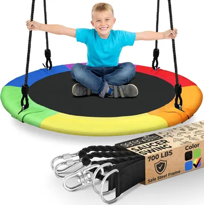 Produktbild von SereneLife 40 Zoll Fliegende Untertasse Schaukel mit Aufhängeset und Mittelspinner, hängendes rundes Spielset für Bäume mit Seilgurten, für Kinder