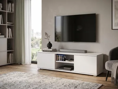 Image de Meuble TV bas 120 cm blanc. Meuble TV naturel avec rangements, meuble TV aspect bois avec portes, style moderne, salon, Image générée par une IA