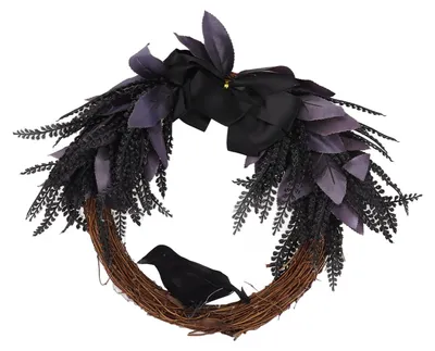 Obrázek produktu pro Halloweenský věnec, mašle, vrána, věnec, dekorace pro domov, dveře, chodbu, k zavěšení