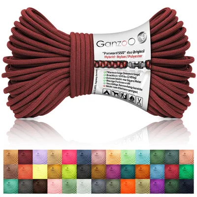 Image de Paracord 550 corde rouge foncé / type hybride pour bracelet, laisse, collier, corde hybride nylon / polyester, nouveau modèle, 30 mètres