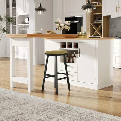 Produktbild von Ausziehbarer Bartisch mit 360°-Drehfunktion und Stauraum, längenverstellbar von 120-180cm, für Wohnzimmer, Esszimmer und Homeoffice, schwarzer Design-Stehtisch in Weiß
