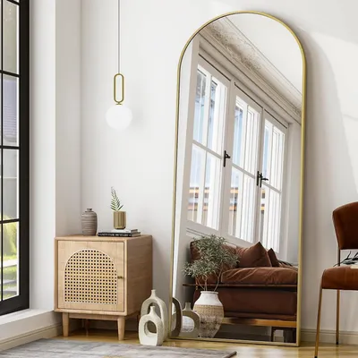 Immagine prodotto di Specchio a figura intera ad arco, 165x57 cm, finitura dorata. Specchio da terra, da appendere o da appoggiare