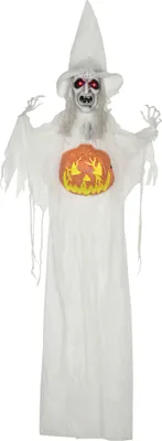 Zdjęcie produktu dla HOMCOM 183 cm dekoracja na Halloween z głową dyni, duchem halloweenowym ze światłami LED, dźwiękami grozy, giętkimi ramionami, szkieletem, figurka dekoracyjna do ogrodu w rozmiarze naturalnym do przedpokoju