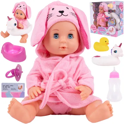 Zdjęcie produktu dla MalPlay lalka kąpielowa do zabawy w kąpieli 30 cm szlafrok z akcesoriami dla dzieci od 3 lat lalka kaczka ze smoczkiem